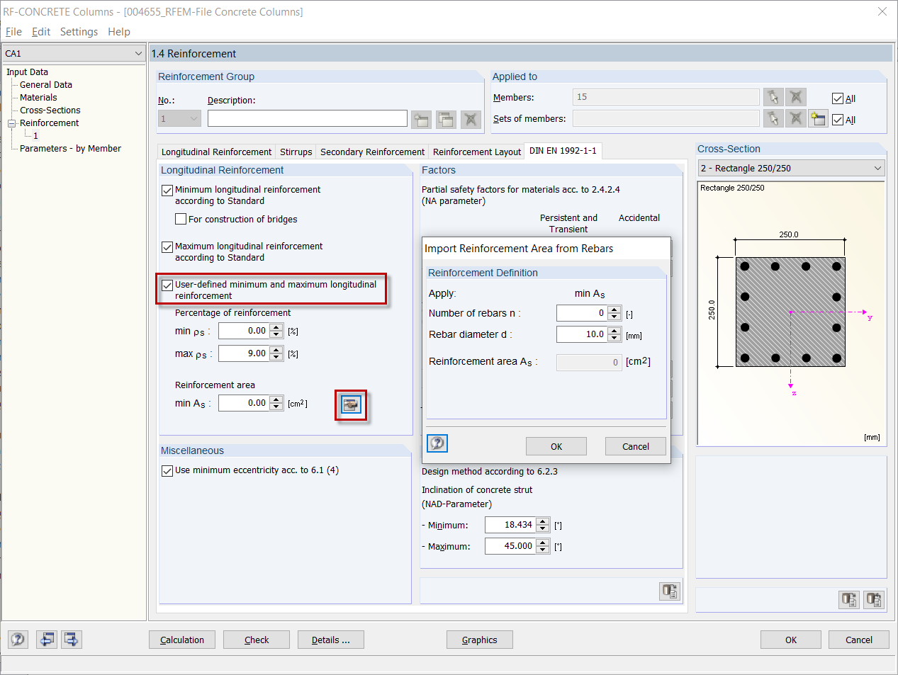 Fenêtre 1.4 dans RF-CONCRETE Columns avec paramétrage de l'armature de base prévue