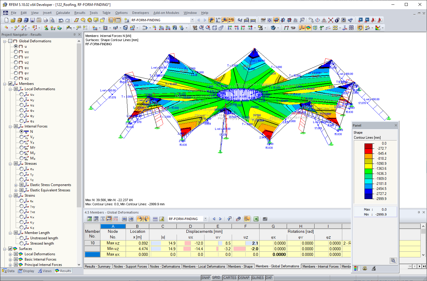 Efforts normaux dans les câbles et lignes de contour après recherche de forme dans RFEM