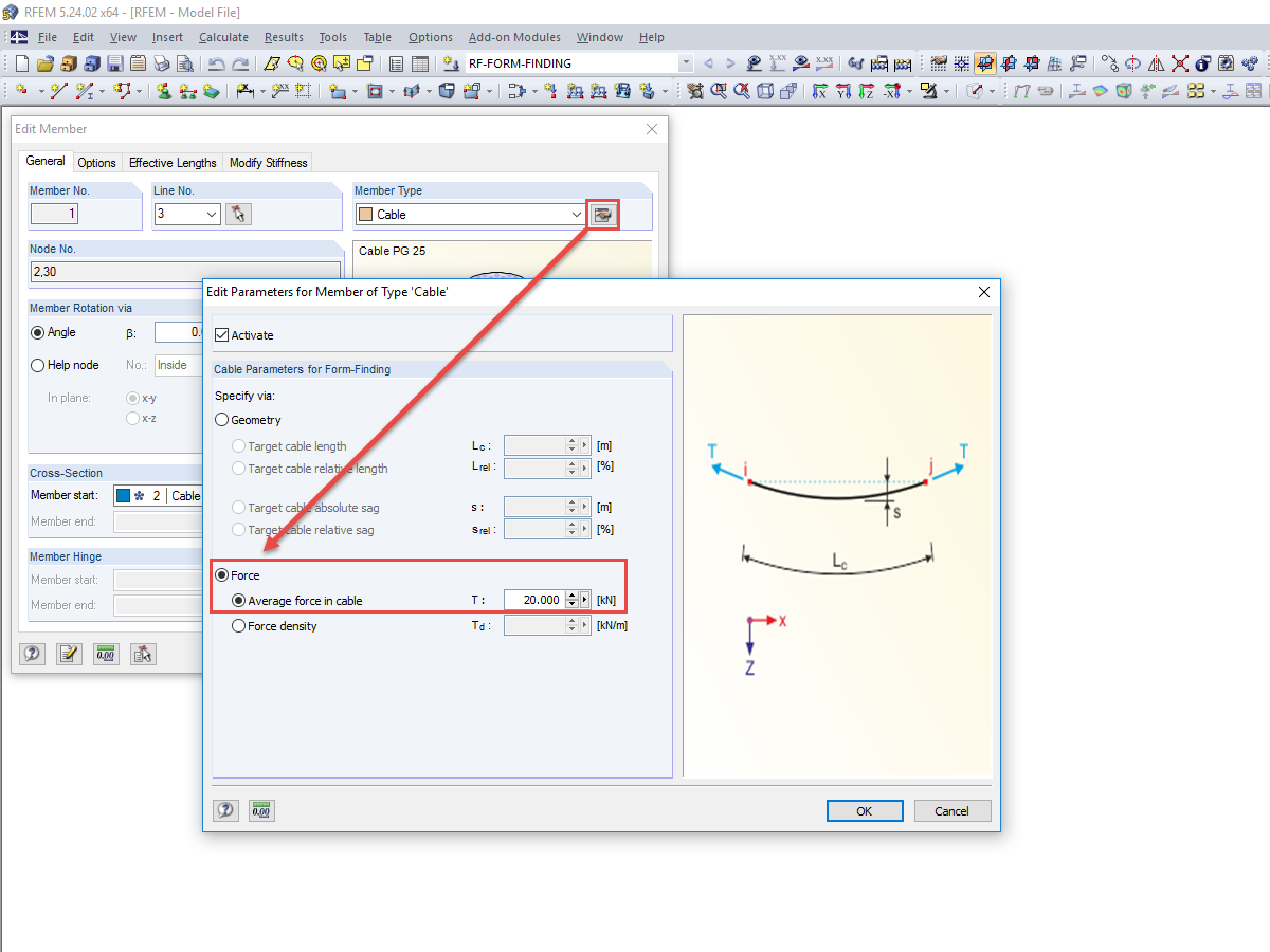 Parameter des Stabtyps "Seilstab"