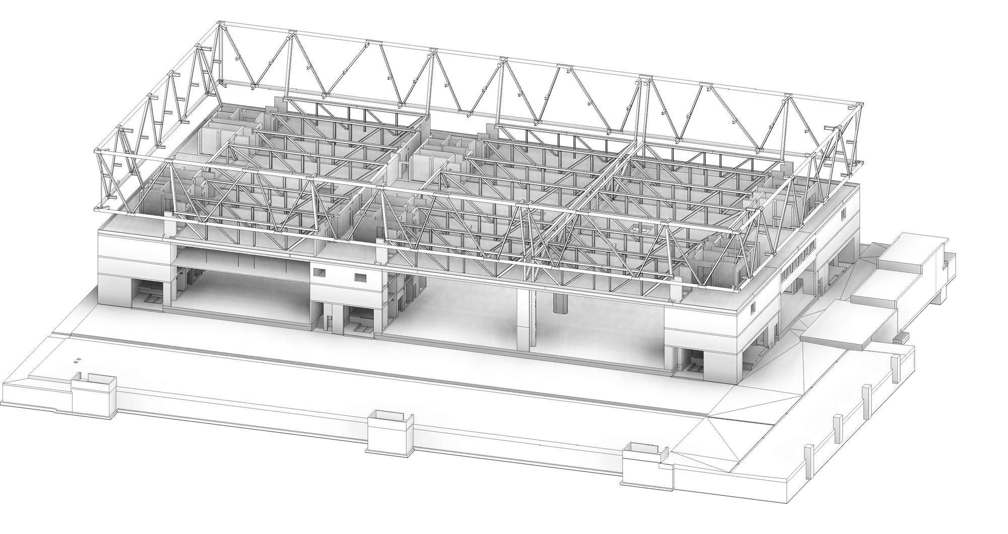 Structure métallique de la façade extérieure des deux étages supérieurs composée de treillis en acier  (© Gruner AG) 