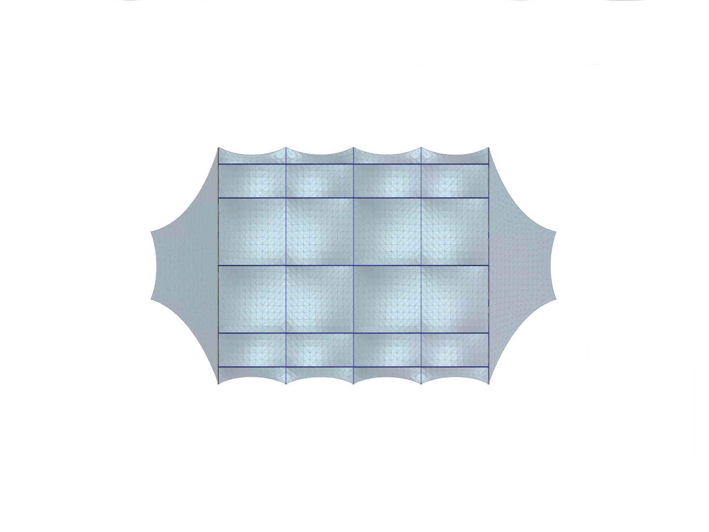 Halle avec toiture à membrane, vue en direction de l'axe Z