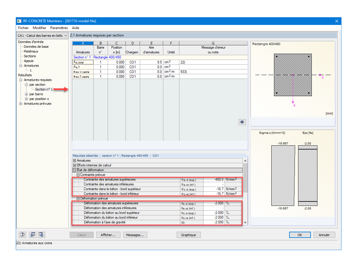 Affichage des contraintes et des déformations prévues sur RF-CONCRETE Members