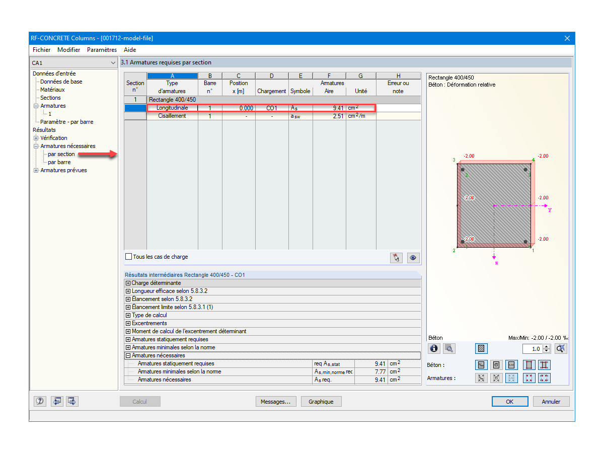 Armatures nécessaires déterminées par RF-CONCRETE Columns