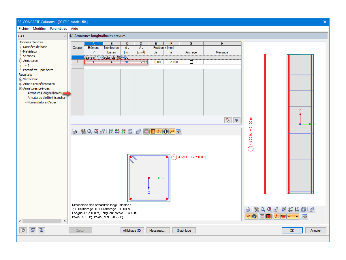 Armatures prévues déterminées par RF-CONCRETE Columns