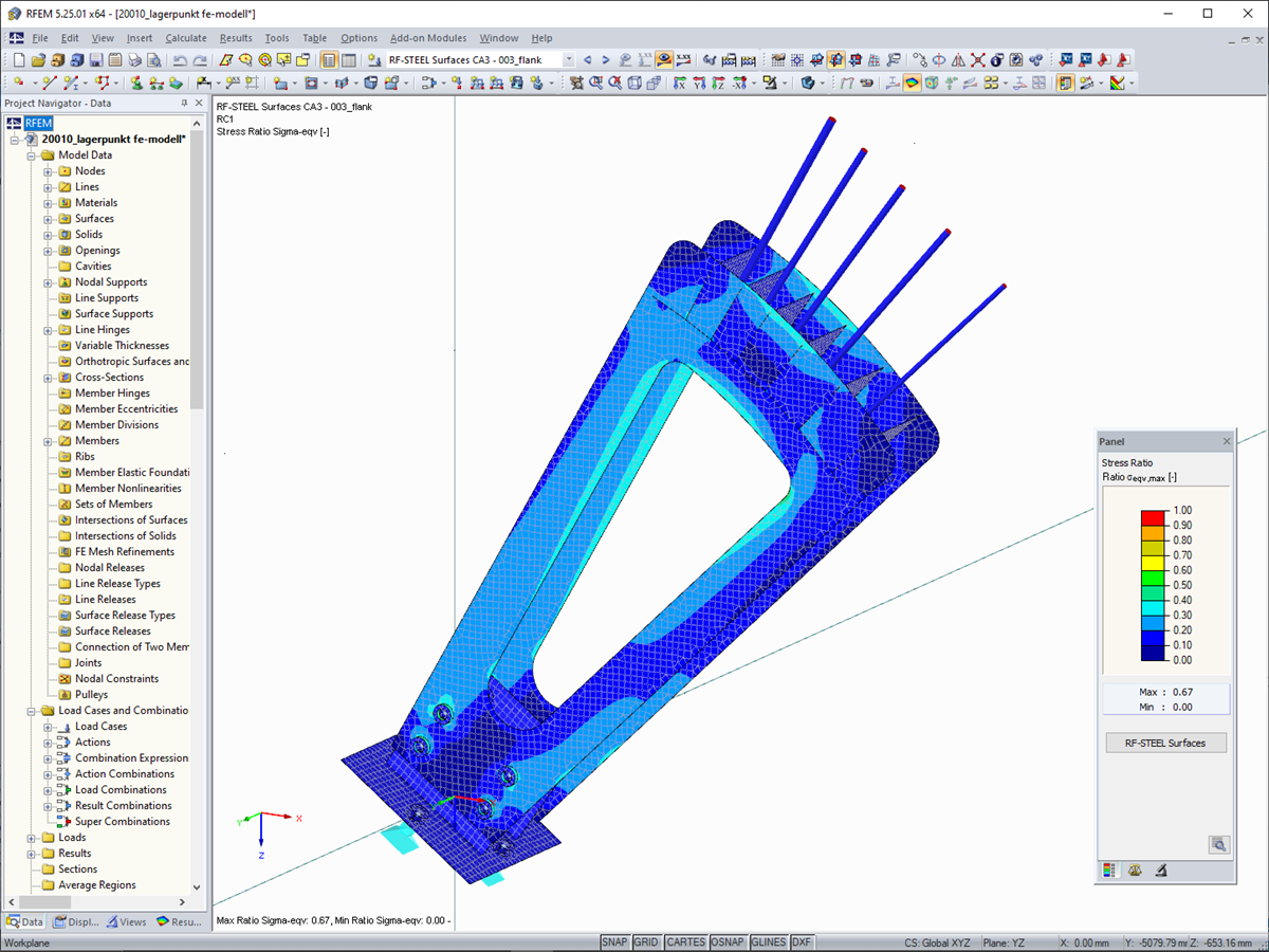 Contraintes de l'acier de la semelle tendue de câble dans RFEM (© m3-ZT GmbH)