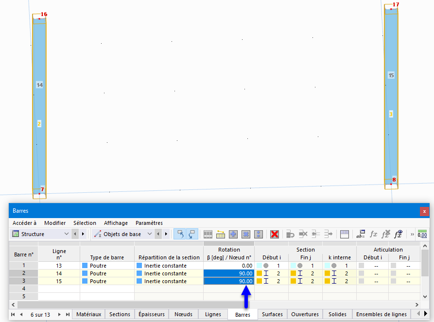 Ajuster l'angle de rotation dans le tableau « Barres »