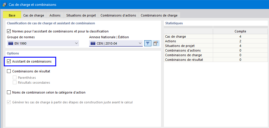 Assistant de combinaison activé dans l'onglet « Base »