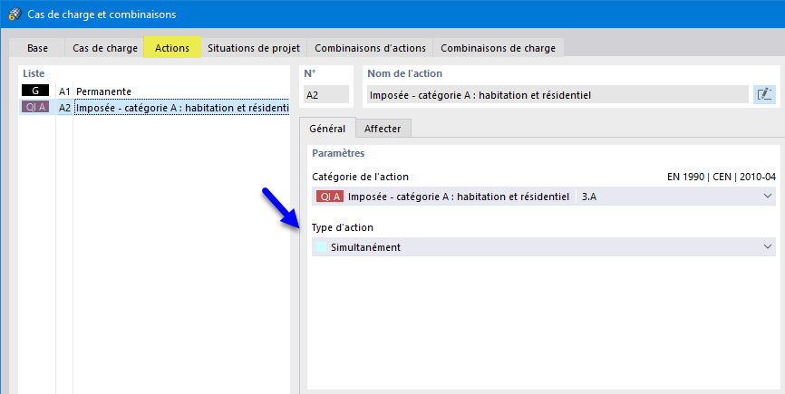 Type d'action « Simultanément » pour les charges imposées