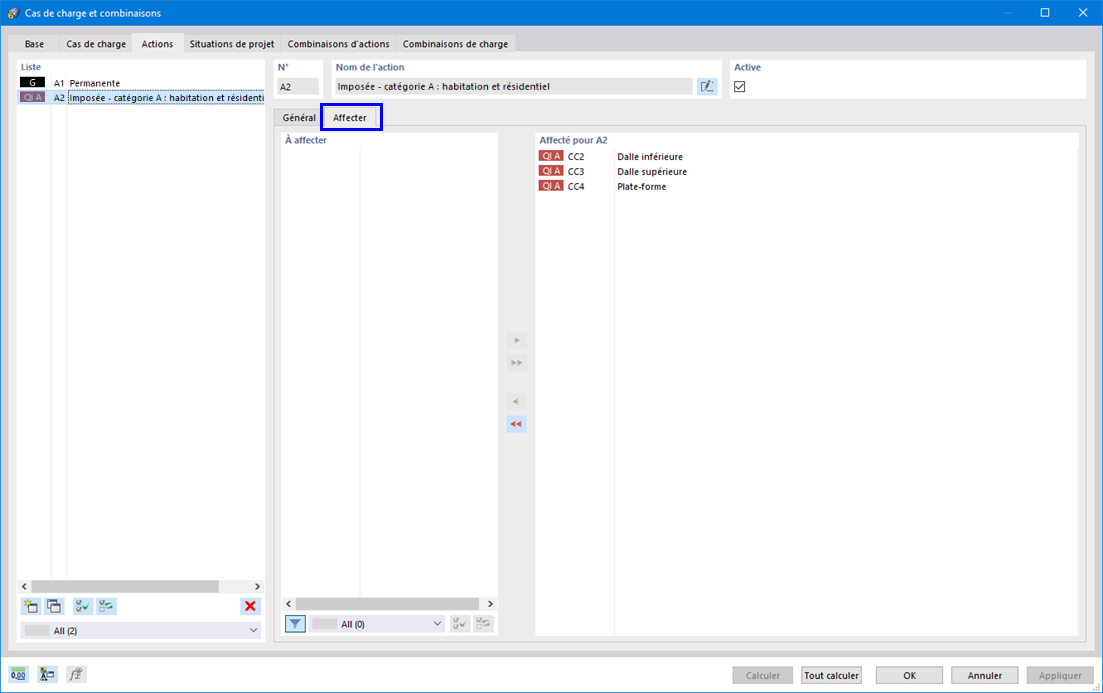 L'onglet « Actions » et le sous-onglet « Attribution » avec les cas de charge de la catégorie d'action A2

