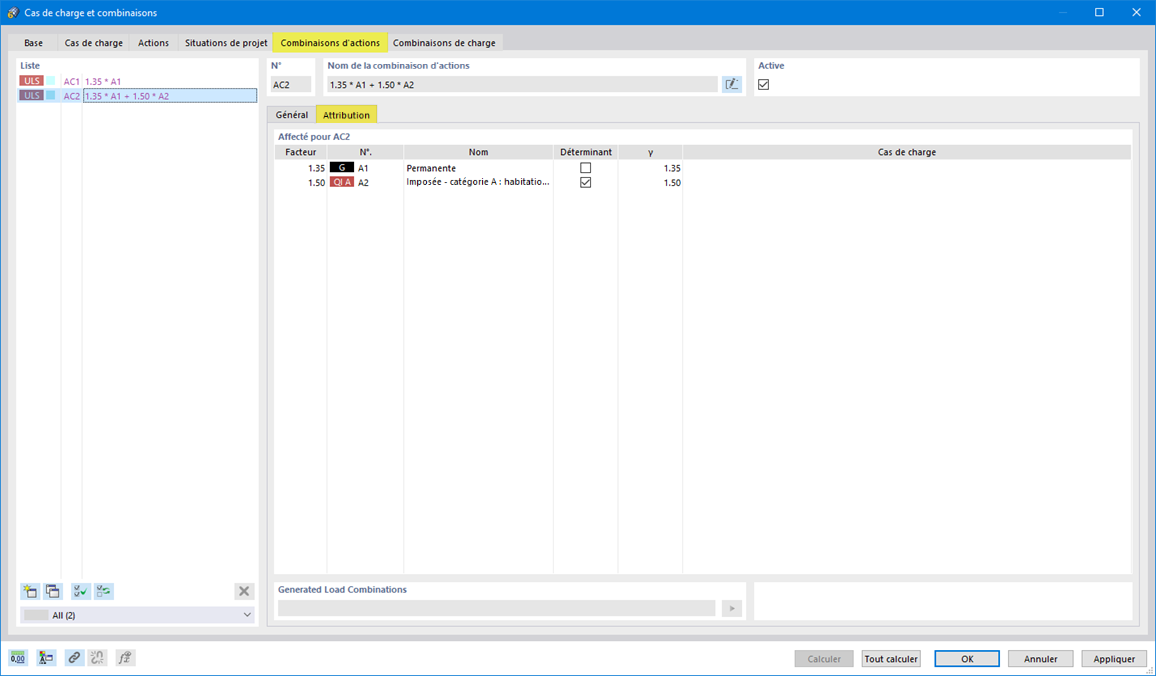 Onglet « Combinaisons d'actions » et sous-onglet « Attribution » avec les actions et coefficients de sécurité de la combinaison AC2