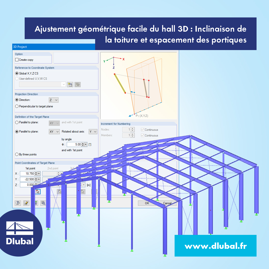 Ajustement géométrique facile du hall 3D : Pente du toit et espacement des portiques