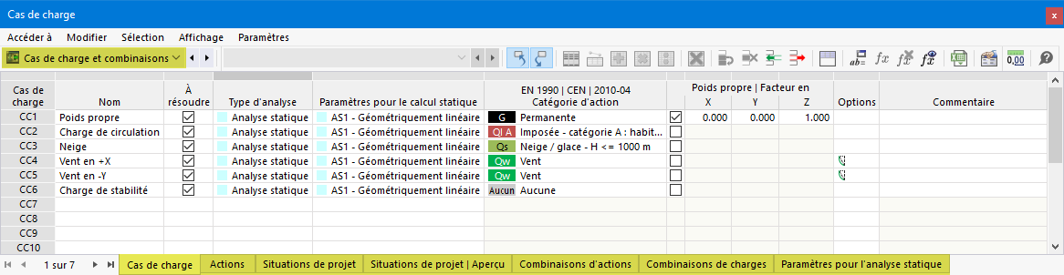 Cas de charge et combinaisons dans le tableau