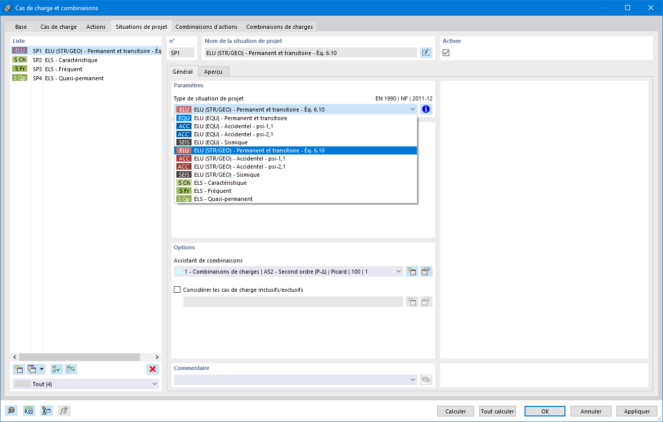 Boîte de dialogue « Cas de charge et combinaisons », onglet « Situations de projet »
