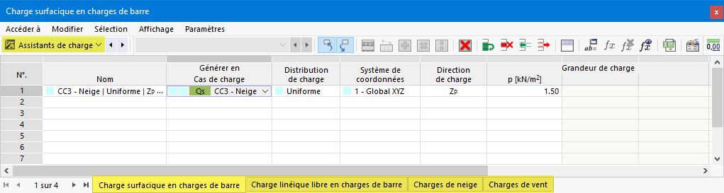 Assistants de charge dans le tableau