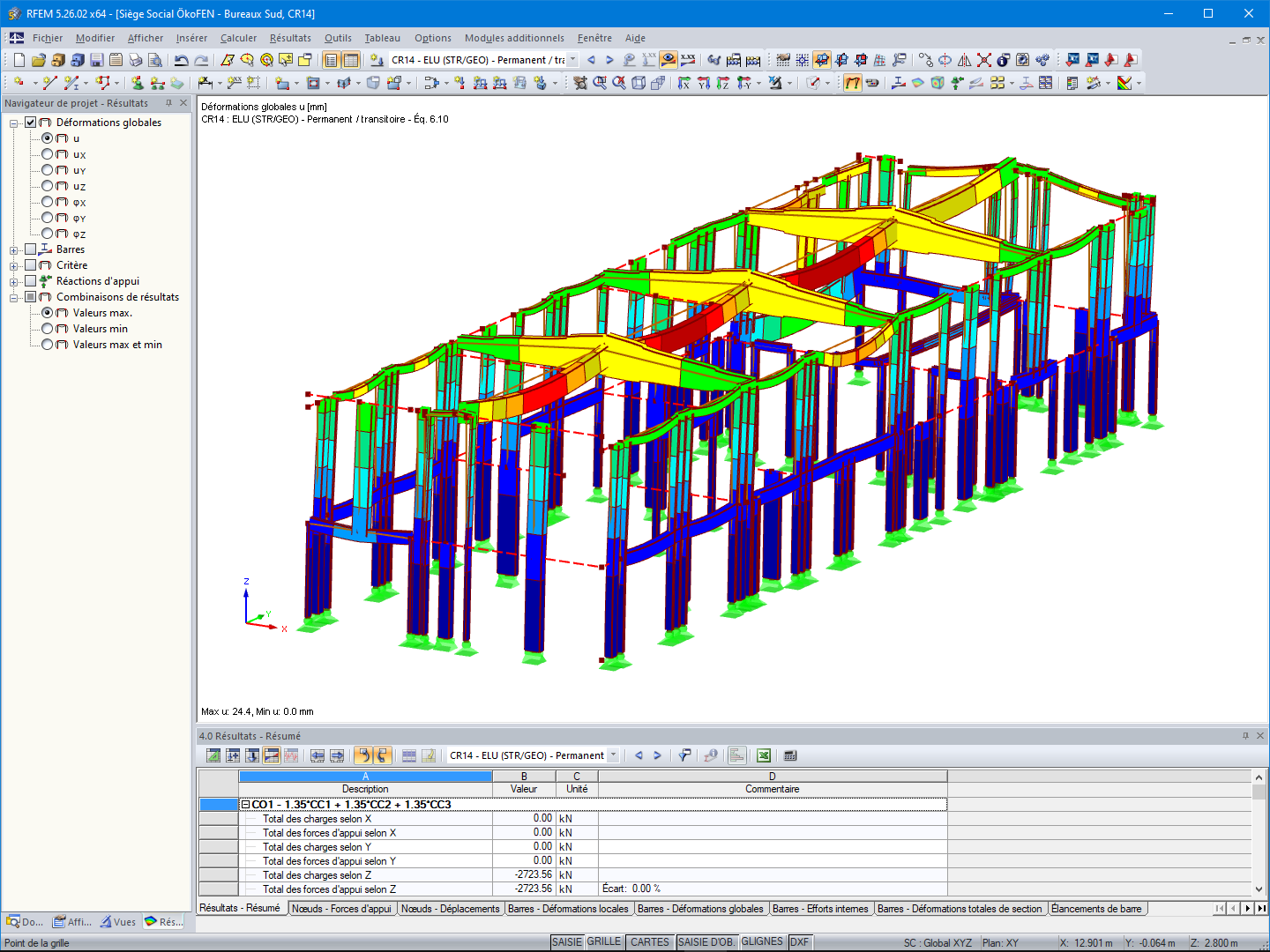 Affichage de la déformation du bâtiment de bureaux dans RFEM