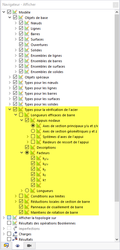 Options d’affichage des types pour la vérification de l’acier dans le Navigateur - Afficher