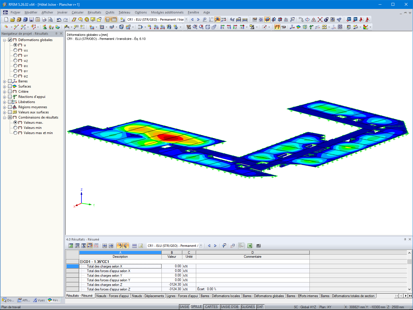 Animation de la déformation globale d'un étage de plancher en bois de l'hôtel dans RFEM