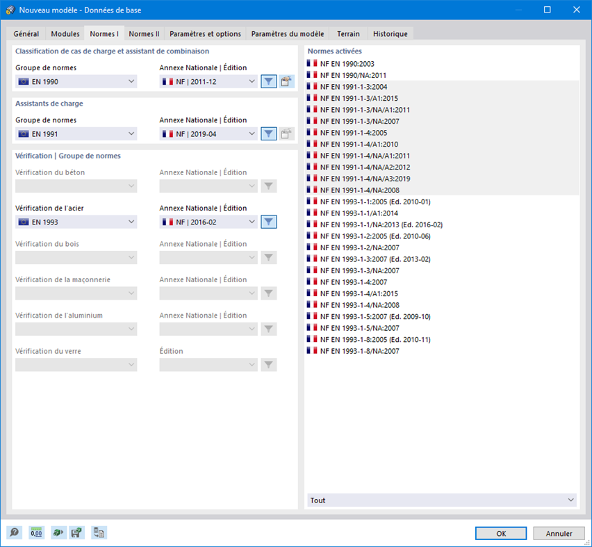 Boîte de dialogue « Nouveau modèle - Données de base », onglet « Normes I »