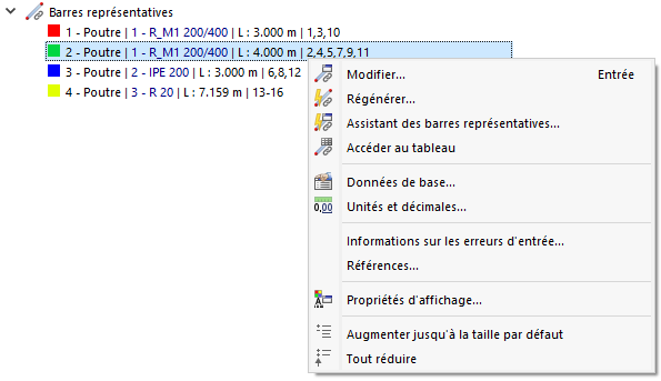 « Barres représentatives » - Menu contextuel