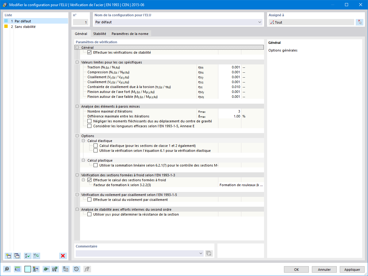 Boîte de dialogue « Modifier la configuration pour l’ELU » pour la vérification de l’acier