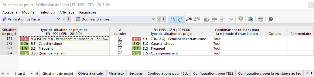 Tableau d’entrée pour les situations de projet dans « Vérification de l’acier »