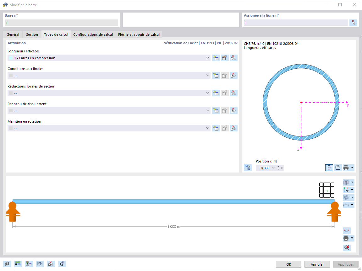 Boîte de dialogue « Modifier la barre », onglet « Types de calcul » pour la vérification de l’acier