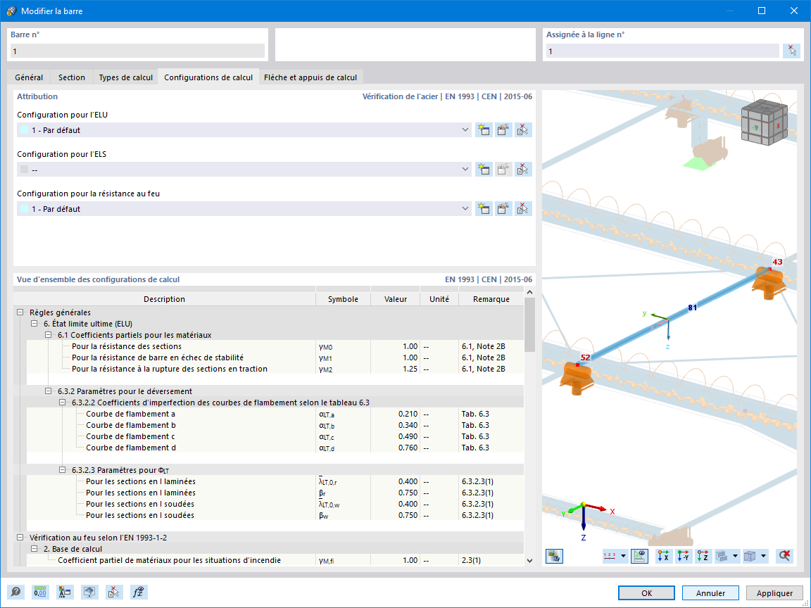 Boîte de dialogue « Modifier la barre », onglet « Configurations de calcul » pour la vérification de l'acier