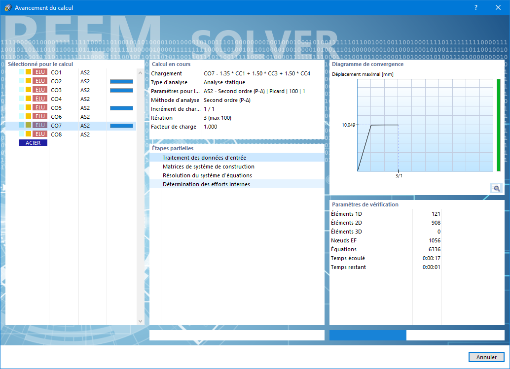 Avancement du calcul de la vérification de l'acier