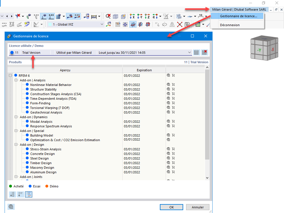 FAQ 005131 | Comment puis-je modifier le type de licence « Démo » en « Version d'essai » ou « Acheté » dans RFEM 6 ?