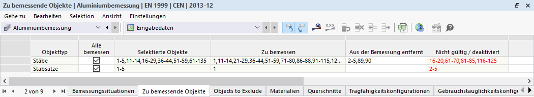 Tableau d'entrée pour les objets à dimensionner dans le calcul des structures en aluminium.