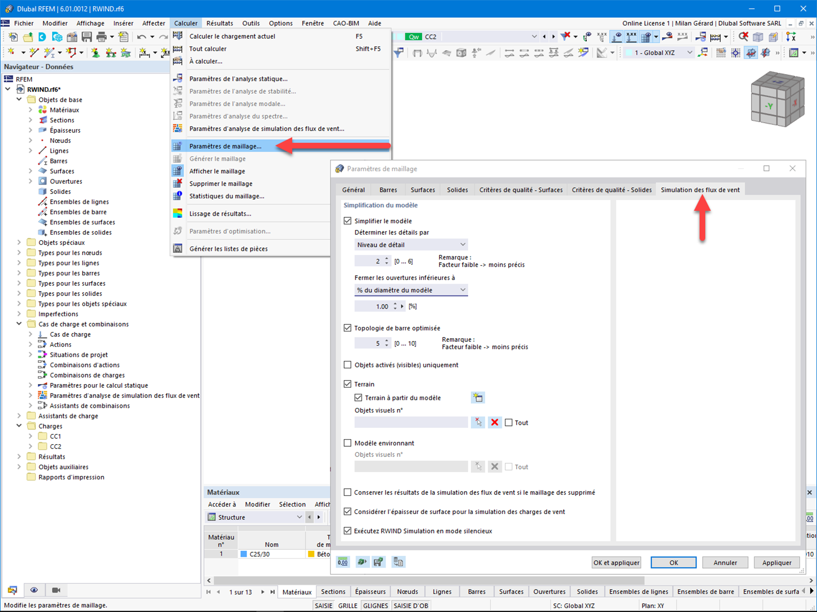 FAQ 005157 | Où puis-je ajuster les paramètres de ma simulation des flux de vent dans RFEM 6/RSTAB 9 ?