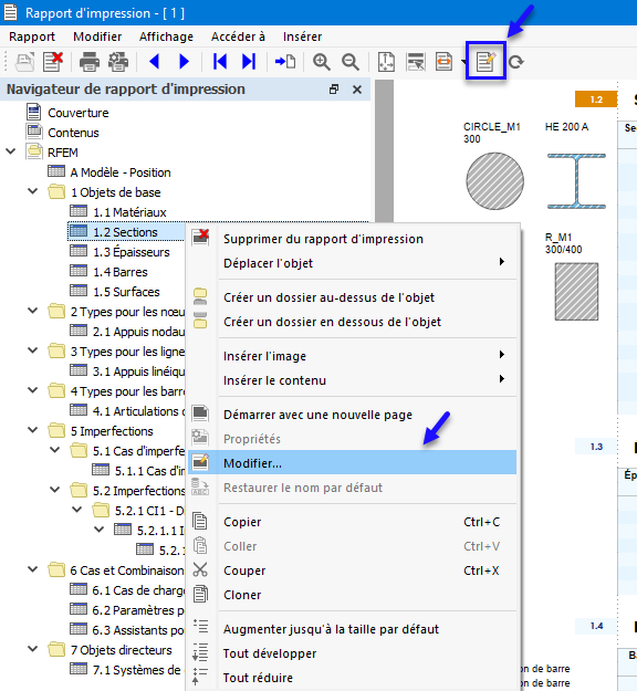 Bouton « Modifier le rapport d'impression » et menu contextuel