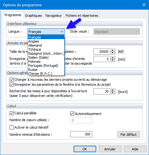 Options du programme, sélection de la langue