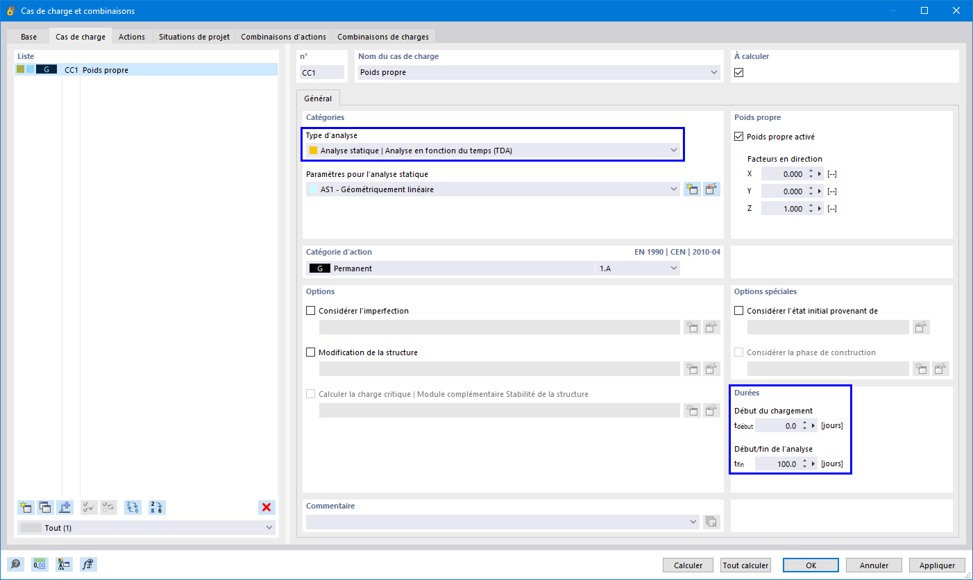Définition du type d'analyse « Analyse en fonction du temps (TDA) » et des temps de cas de charge