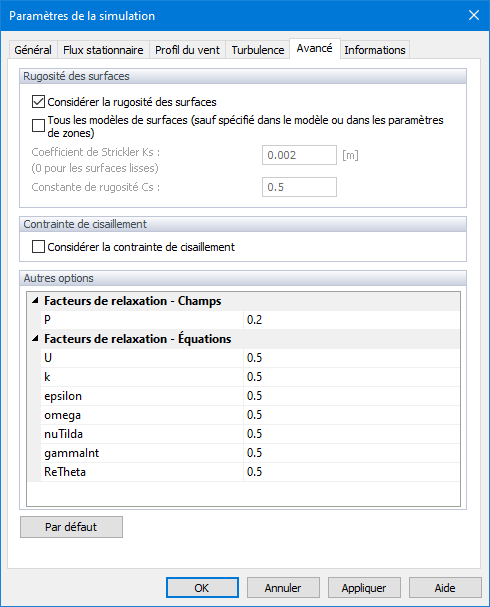 Paramètres de la simulation, Avancé