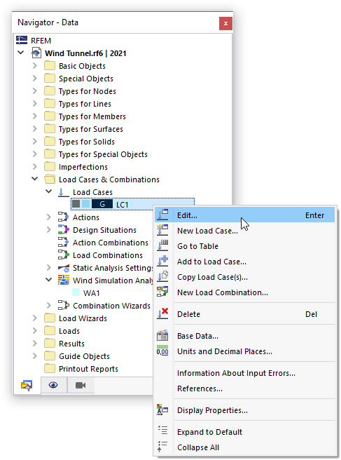 Menu contextuel du cas de charge