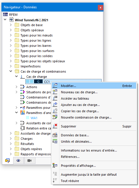 Menu contextuel du cas de charge