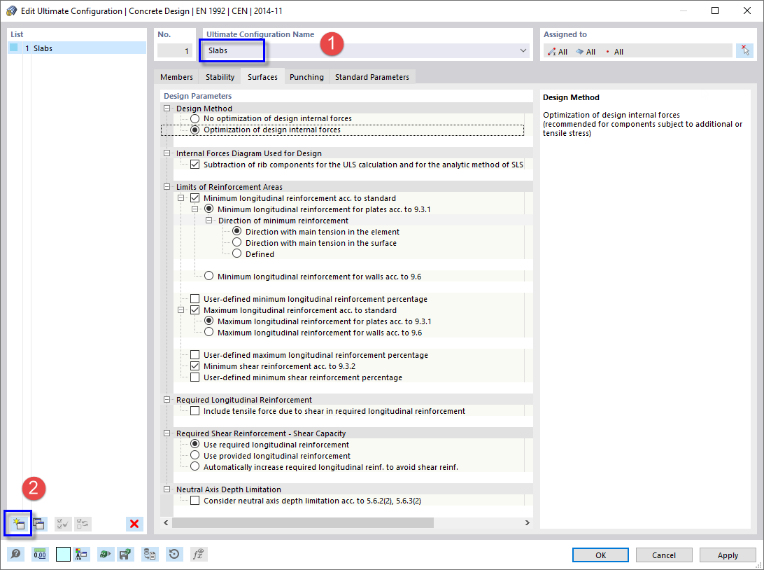 Configuration pour l'ELU des dalles