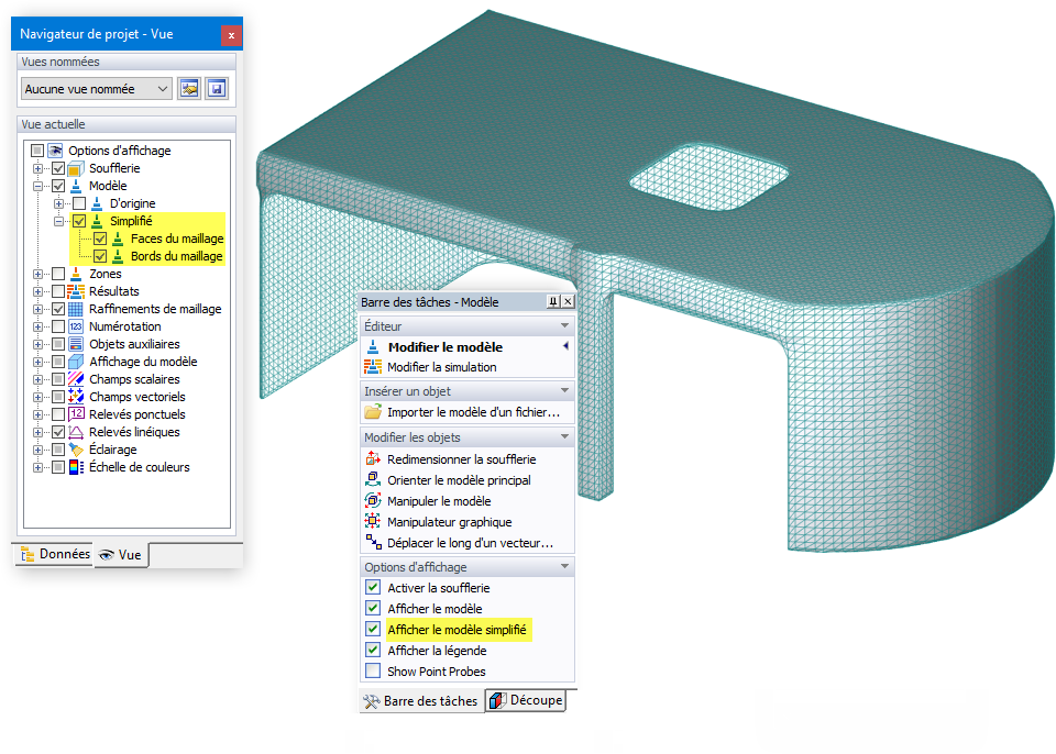 Options pour afficher le modèle simplifié dans le Navigateur de vue et le panneau