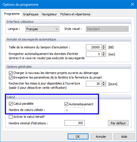 Options du programme, Programme