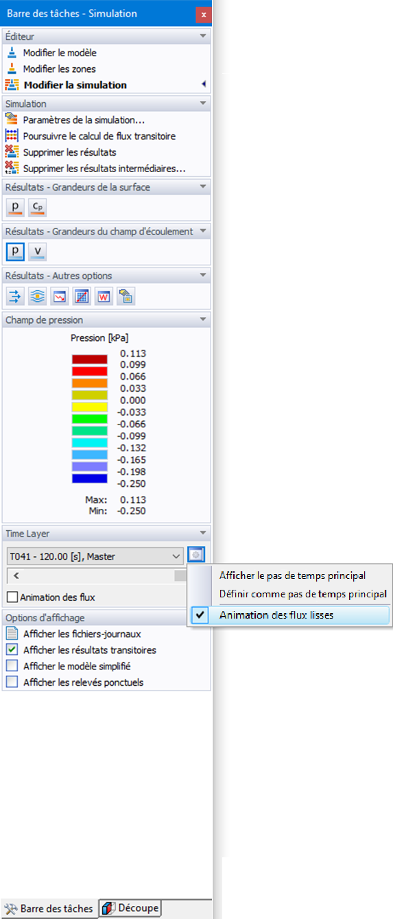 Options et commandes du pas de temps