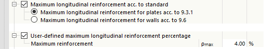 Armatures longitudinales maximales selon la norme pour les dalles ou les murs et rapport d'armatures défini par l'utilisateur