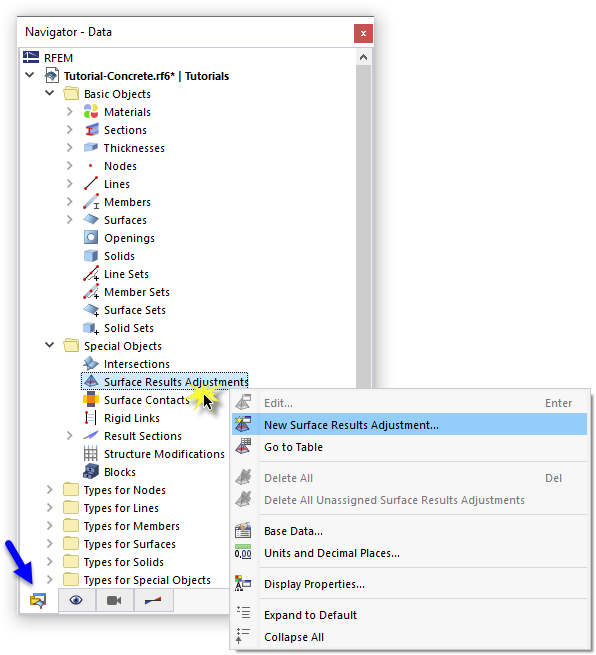 Menu contextuel « Ajustements des résultats de surface »