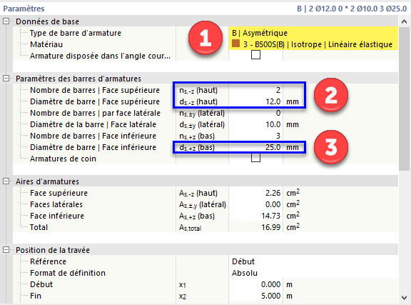 Définition des barres d'armatures des faces supérieure et inférieure