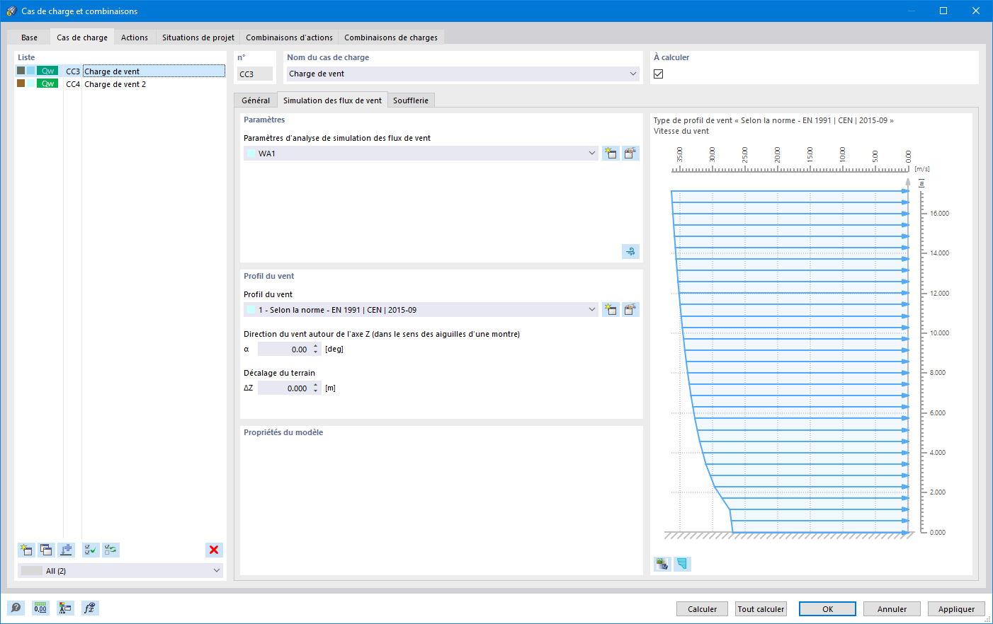 Cas de charge et combinaisons, Simulation des flux de vent