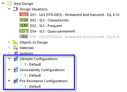 Configurations par défaut pour la conception acier des ULS, SLS et résistance au feu