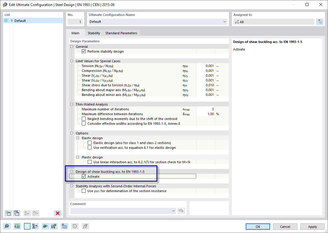 Paramètres principaux de la configuration ultime pour la conception en acier