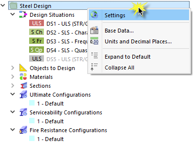 Menu contextuel "Conception en acier"