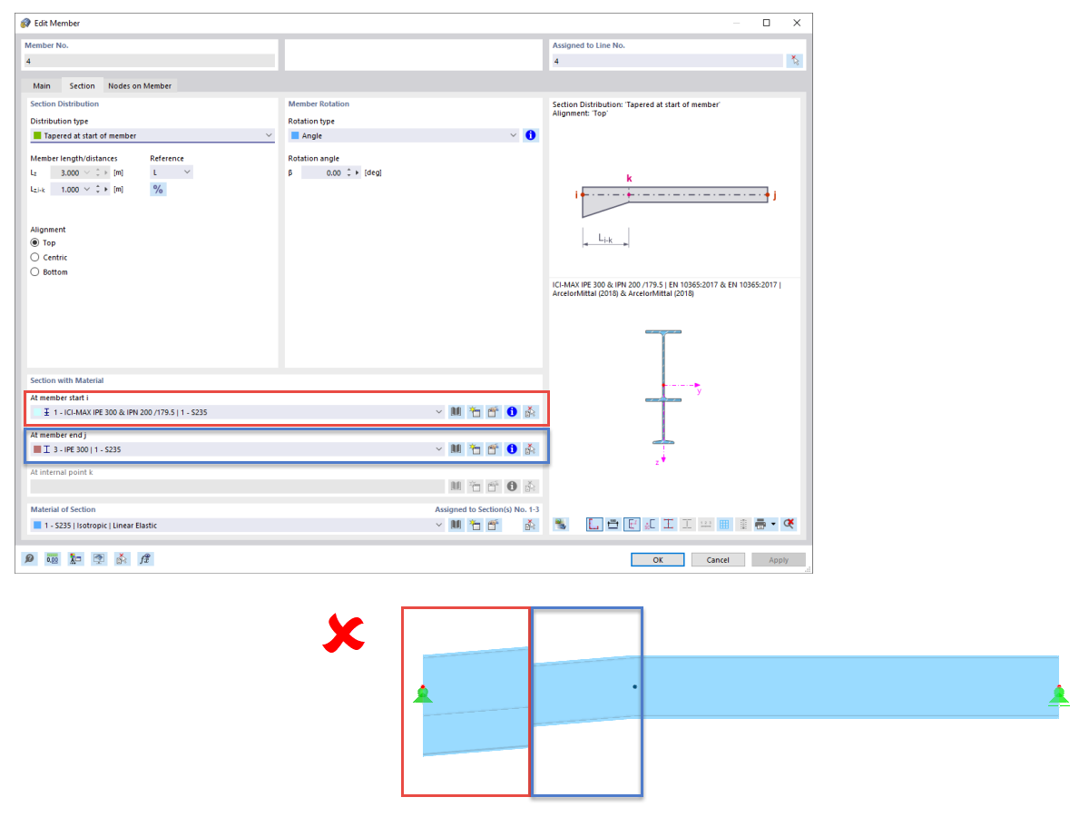 FAQ 005225 | Je souhaite modéliser une poutre de portique avec une section à inertie variable. Pour ce faire, j'ai créé une barre avec la distribution de section « Conique...