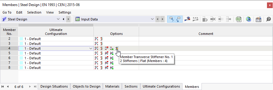 Tableau « Barres » avec symboles des options de vérification